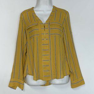 Express Women Blouse Size XS Sunflower Yellow Striped Roll‎ tab V Neck Pockets